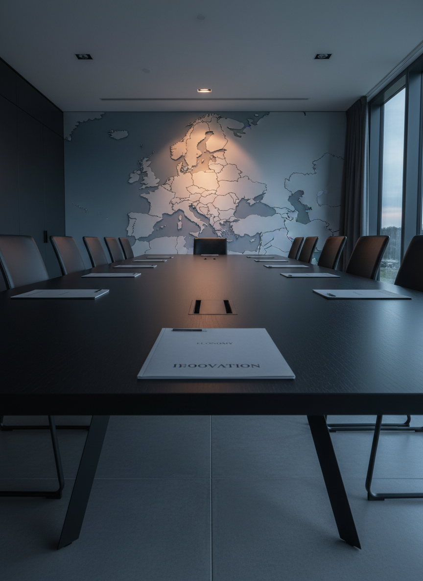 A sleek, modern conference table made of matte black wood stretches into the distance of a minimalist boardroom, its surface lined only with thin folders labeled with neutral terms like “Economy,” “Institutions,” and “Rule of Law” in understated typography. At the far end stands a large, detailed wall map of Europe, with Poland subtly illuminated by a focused, warm spotlight while the rest of the continent remains in softer, cooler tones. Overhead, discrete recessed lighting blends with a faint evening glow from tall windows, balancing warm and cool hues. Shot from a low, slightly off-center angle, the emphasis falls on the map’s highlighted region. The mood is serious, strategic, and forward-looking, with photographic realism and a clean, sophisticated aesthetic.