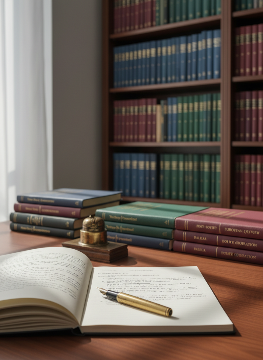 A large, polished wooden writing desk covered with meticulously organized political journals, a vintage brass fountain pen, and a single open notebook displaying neat, analytical handwritten notes about reforms. Behind the desk stands a tall bookshelf filled with well-worn hardcovers in deep blues and burgundies, their spines embossed with gold titles referencing Central and Eastern European policy. Soft, cool daylight filters through an unseen window, casting elongated, thoughtful shadows and subtle highlights on the brass details. Photographed at eye level with a shallow depth of field, the focus rests on the pen and notebook while the background becomes a gentle bokeh of spines. The mood is sophisticated, intellectual, and contemplative, captured in clean, photographic realism for a modern political commentary blog.