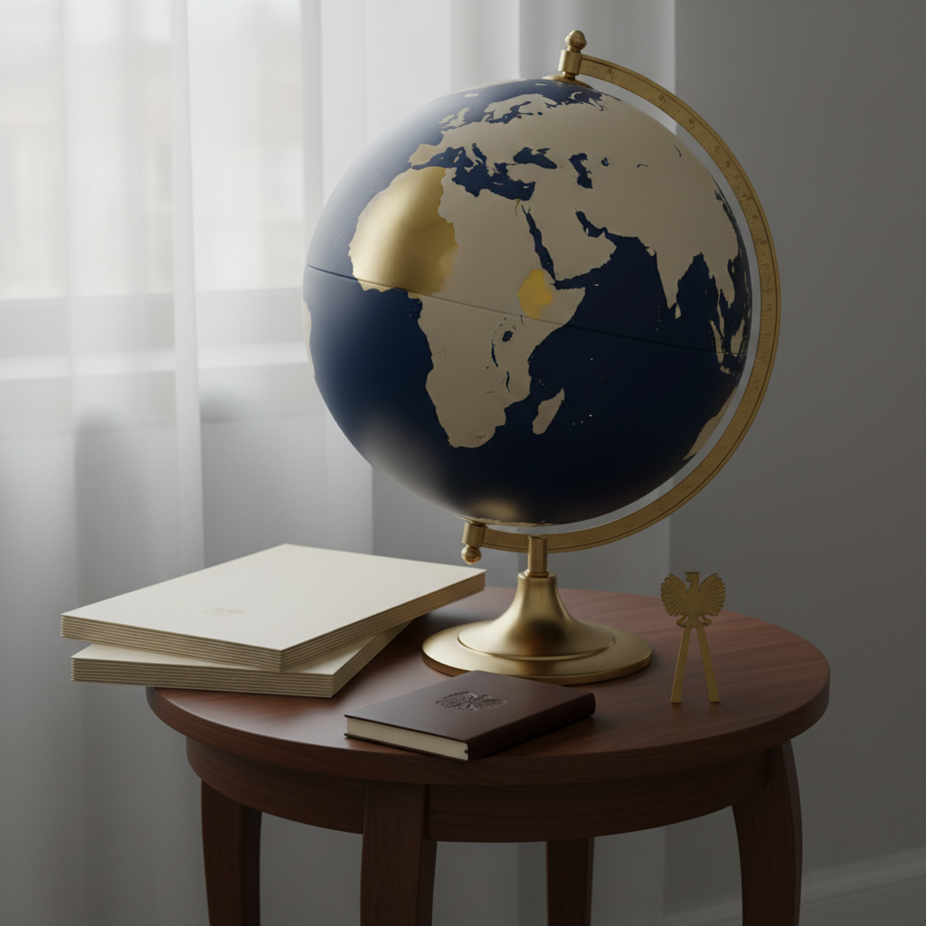 An elegant globe crafted from matte navy and cream enamel, with the territory of Poland subtly highlighted in a refined metallic gold finish, rests on a dark walnut pedestal table. Around the globe lie neatly stacked briefing folders, a slim leather-bound journal, and a minimalist metal bookmark shaped like an eagle. Cool, overcast window light washes across the scene, creating soft, diffuse reflections on the globe’s surface and quiet shadows under the table’s curved edge. Captured from a slightly elevated angle using the rule of thirds, the composition draws the eye toward Poland’s golden outline. The atmosphere is analytical yet aspirational, evoking the idea of learning from one country’s success, rendered in crisp, photographic realism and a restrained, sophisticated palette.
