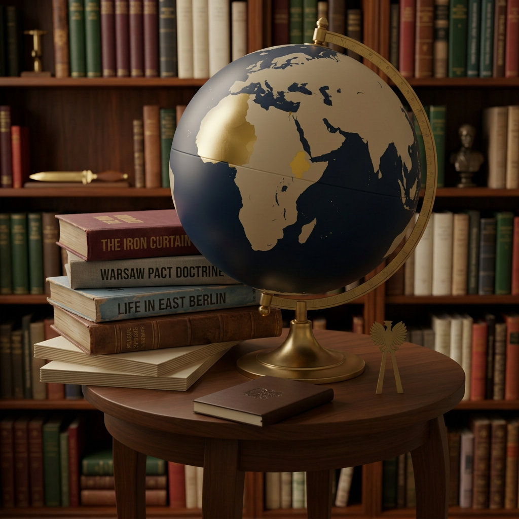 An elegant globe crafted from matte navy and cream enamel, with the territory of Poland subtly highlighted in a refined metallic gold finish, rests on a dark walnut pedestal table. Around the globe lie neatly stacked briefing folders, a slim leather-bound journal, and a minimalist metal bookmark shaped like an eagle. Cool, overcast window light washes across the scene, creating soft, diffuse reflections on the globe’s surface and quiet shadows under the table’s curved edge. Captured from a slightly elevated angle using the rule of thirds, the composition draws the eye toward Poland’s golden outline. The atmosphere is analytical yet aspirational, evoking the idea of learning from one country’s success, rendered in crisp, photographic realism and a restrained, sophisticated palette.